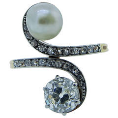 Graceful French Belle Epoque Natural Pearl and Diamond Ring