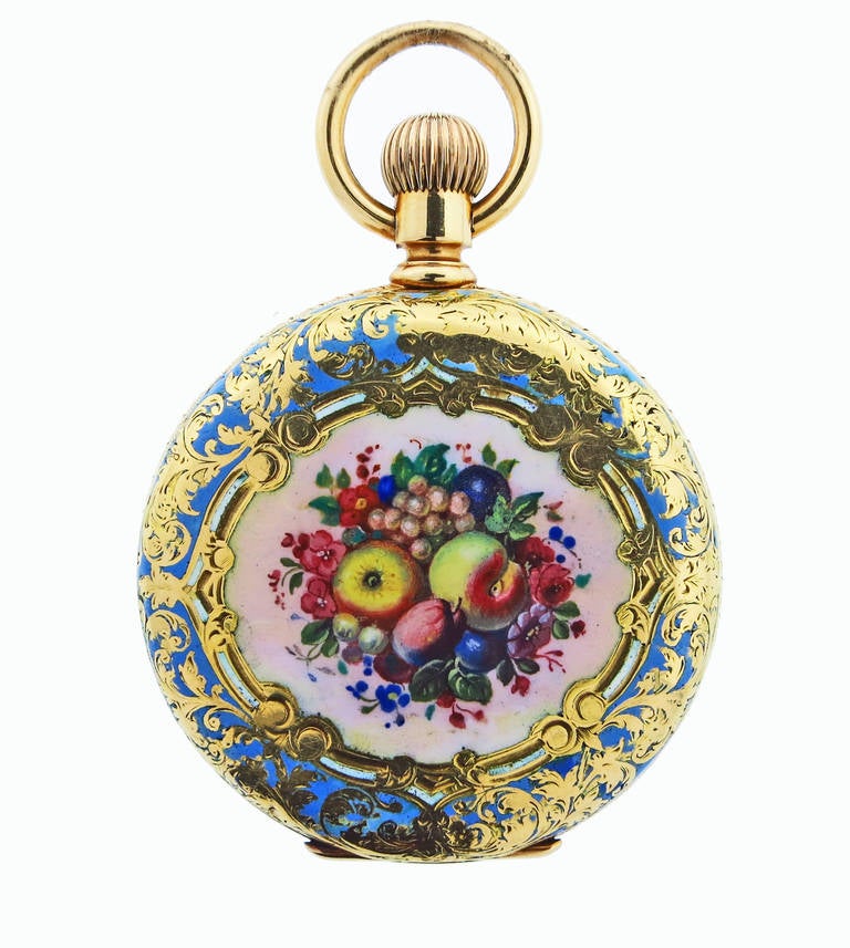 Tiffany & Co. 18k yellow gold hunting cased pocket watch with floral and fruit enamel. Measuring 1 1/2