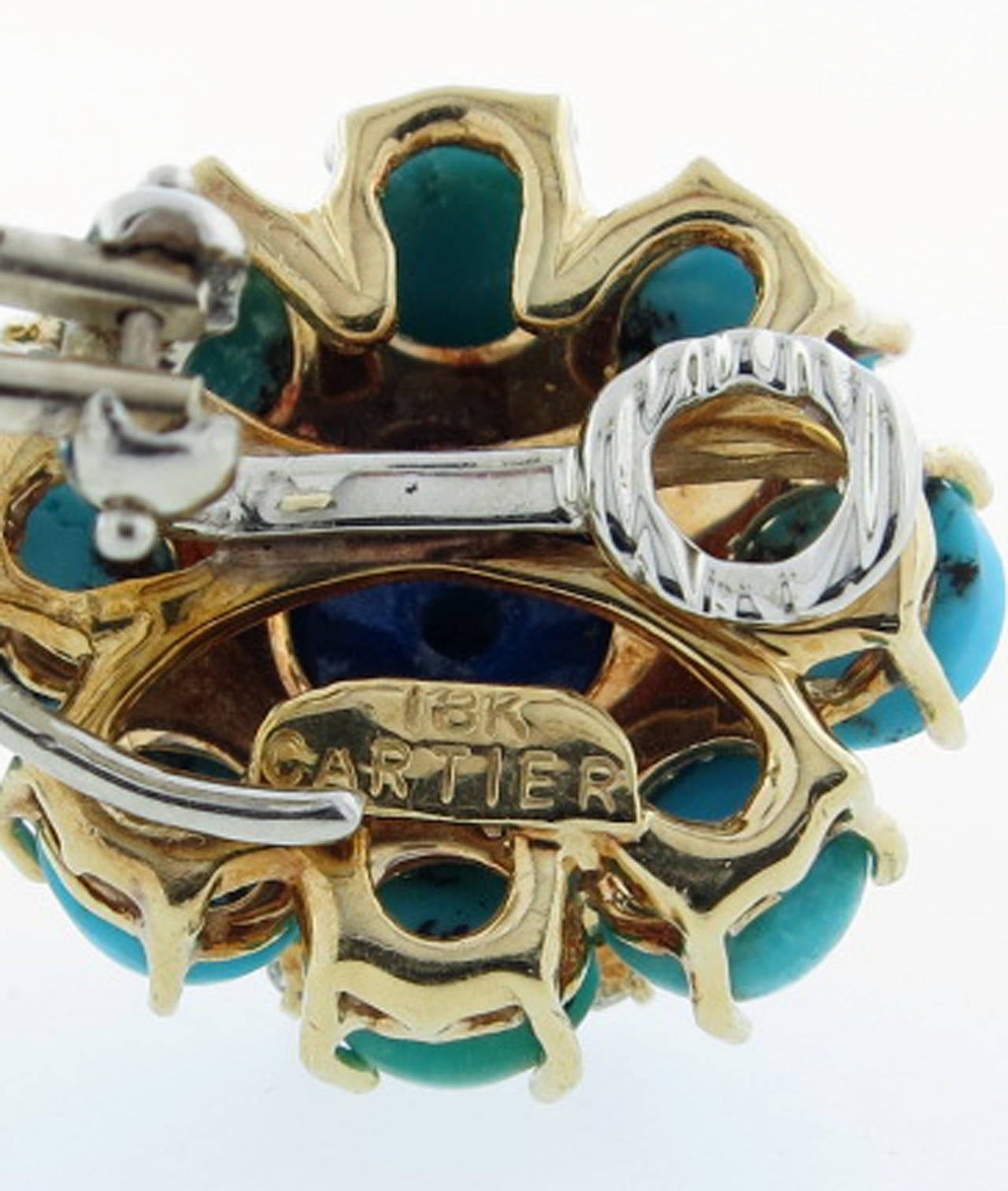 Cartier Turquoise Lapis Diamond Gold Earrings In Good Condition In Lambertville, NJ