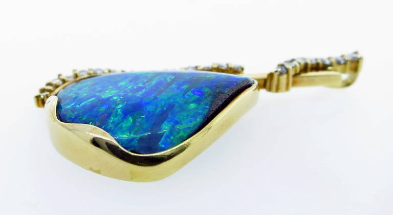Custom Made Natural Boulder Opal and Diamond Pendant