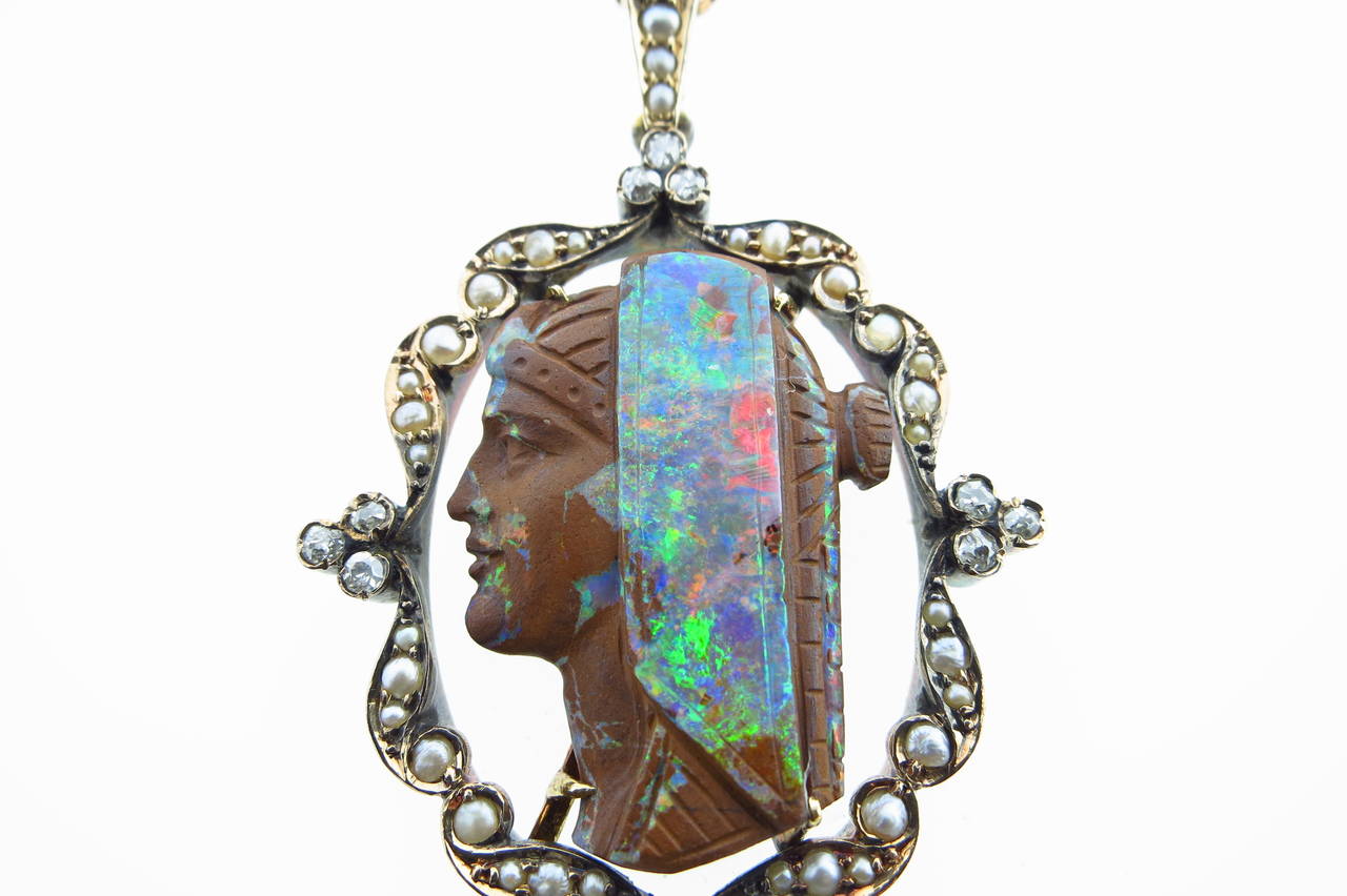 Extraordinary Antique Egyptian Revival Carved Boulder Opal Pendant In Excellent Condition In Lambertville, NJ