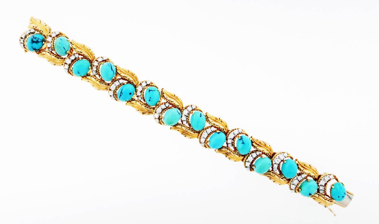 Hammerman Brothers Turquoise Diamond Gold Bracelet In Excellent Condition For Sale In Lambertville, NJ