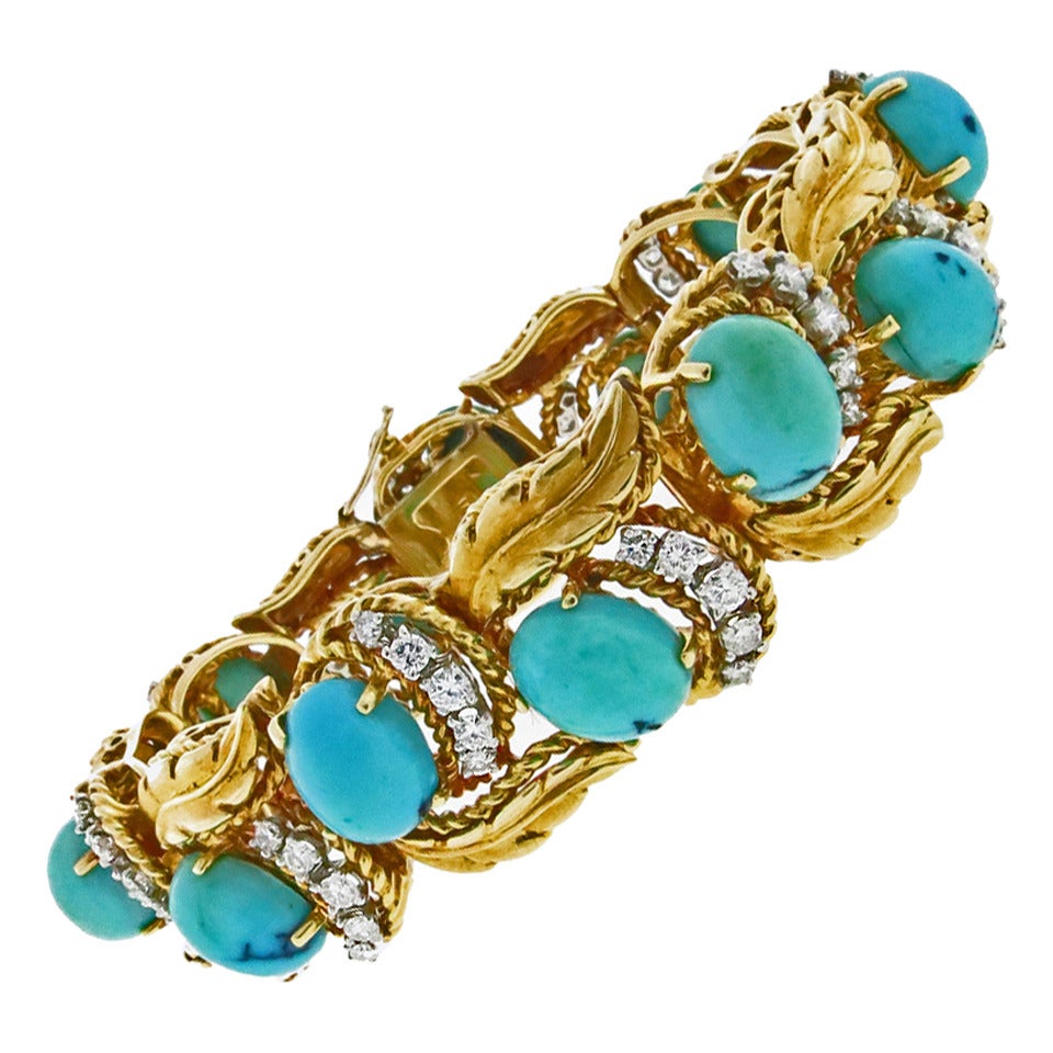 Hammerman Brothers Turquoise Diamond Gold Bracelet For Sale