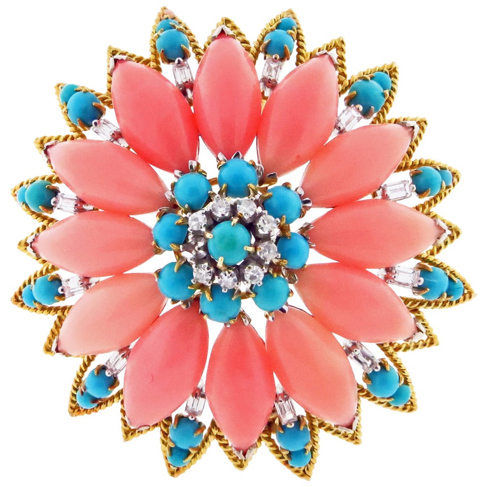 Gently Hued Coral Turquoise Diamond Brooch