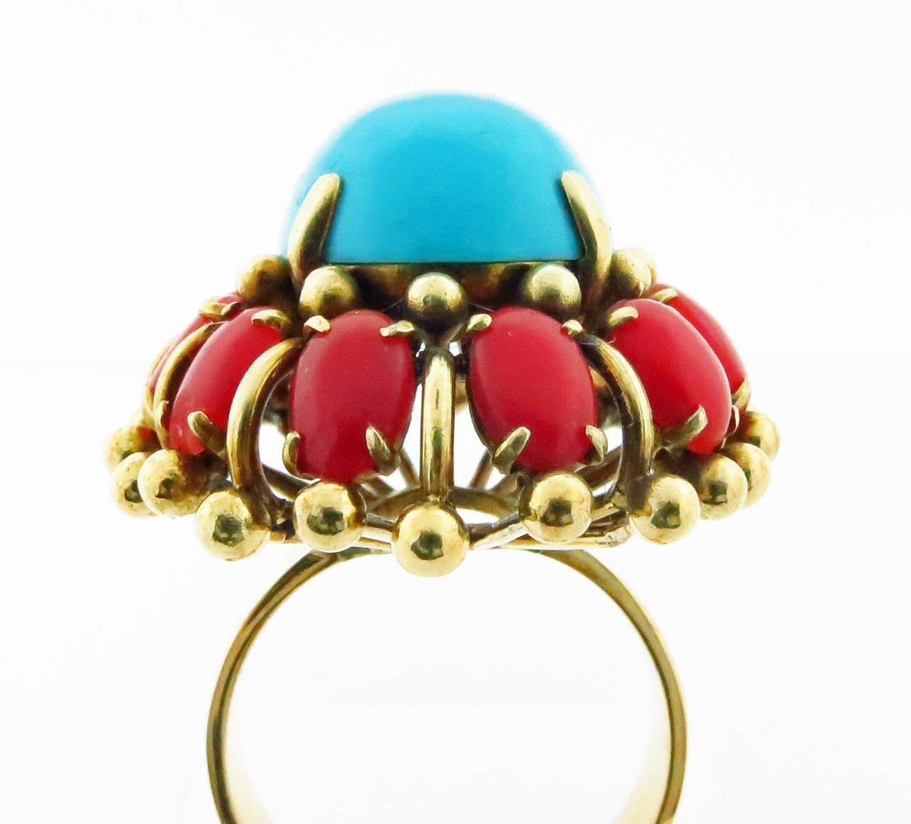 High Impact Turquoise Coral Gold Ring In Excellent Condition In Lambertville, NJ