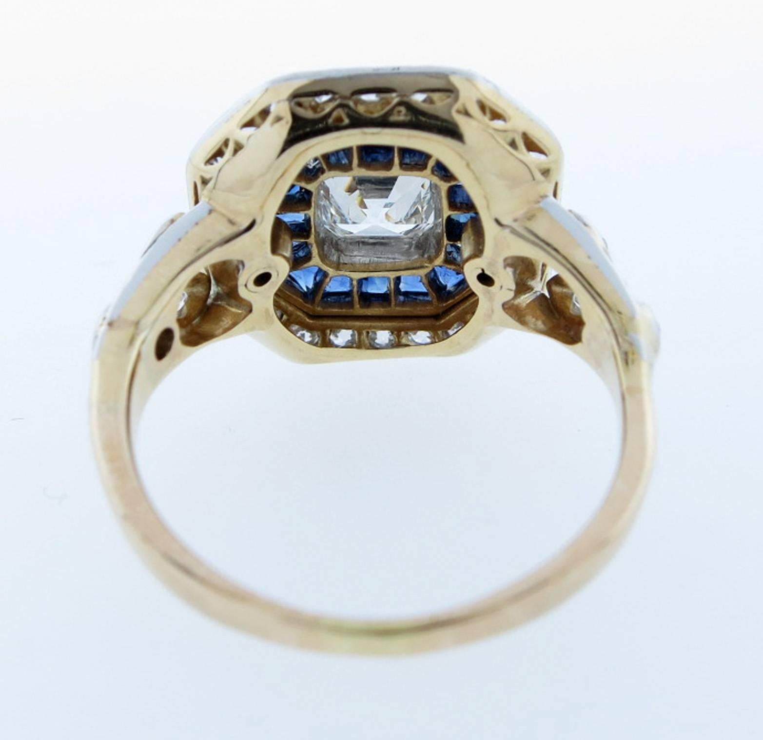 Art Deco Old Asscher Cut Diamond and Sapphire Ring
