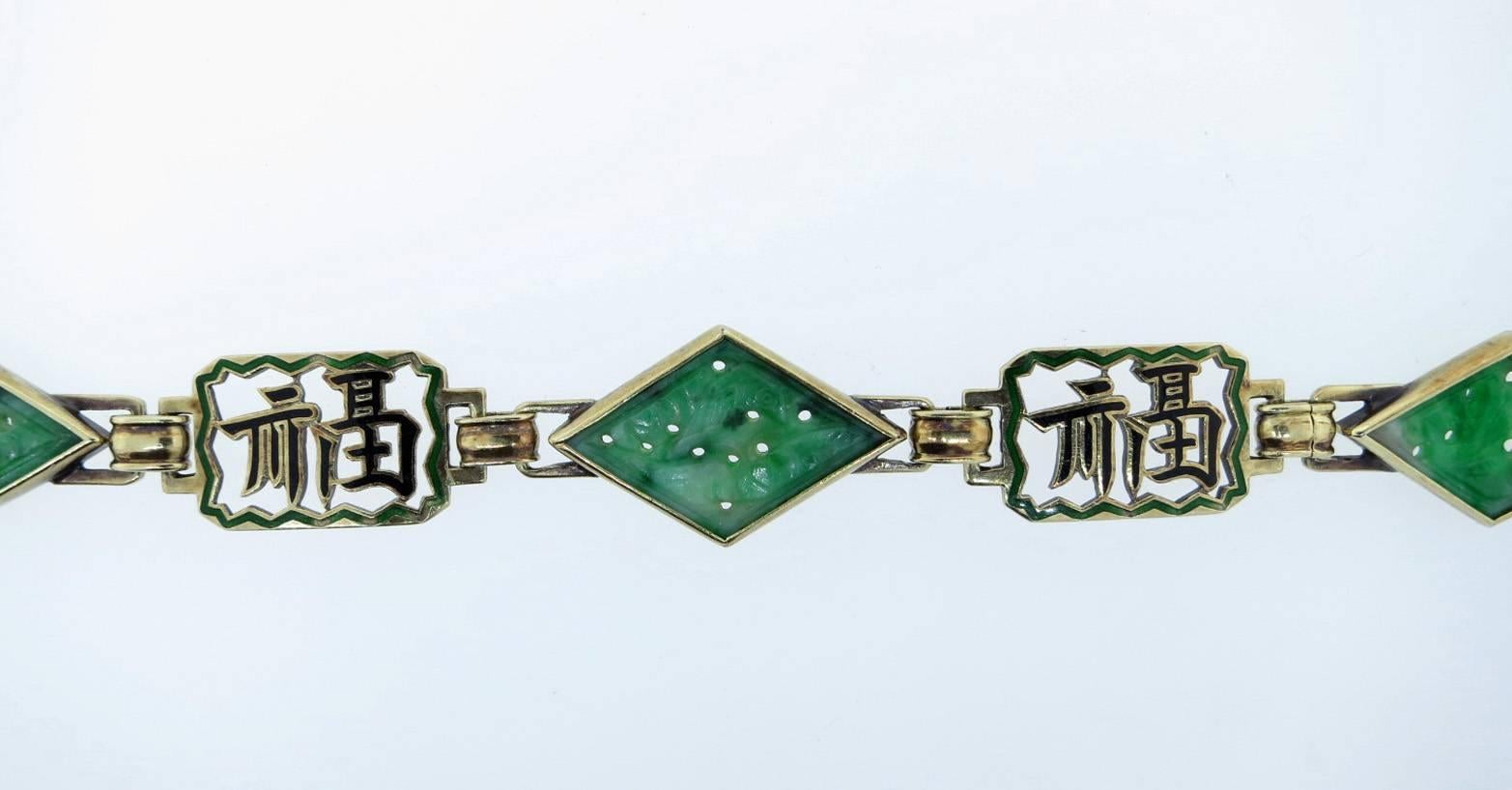 Women's A Long and Happy Life Enamel Jade Gold link Bracelet For Sale