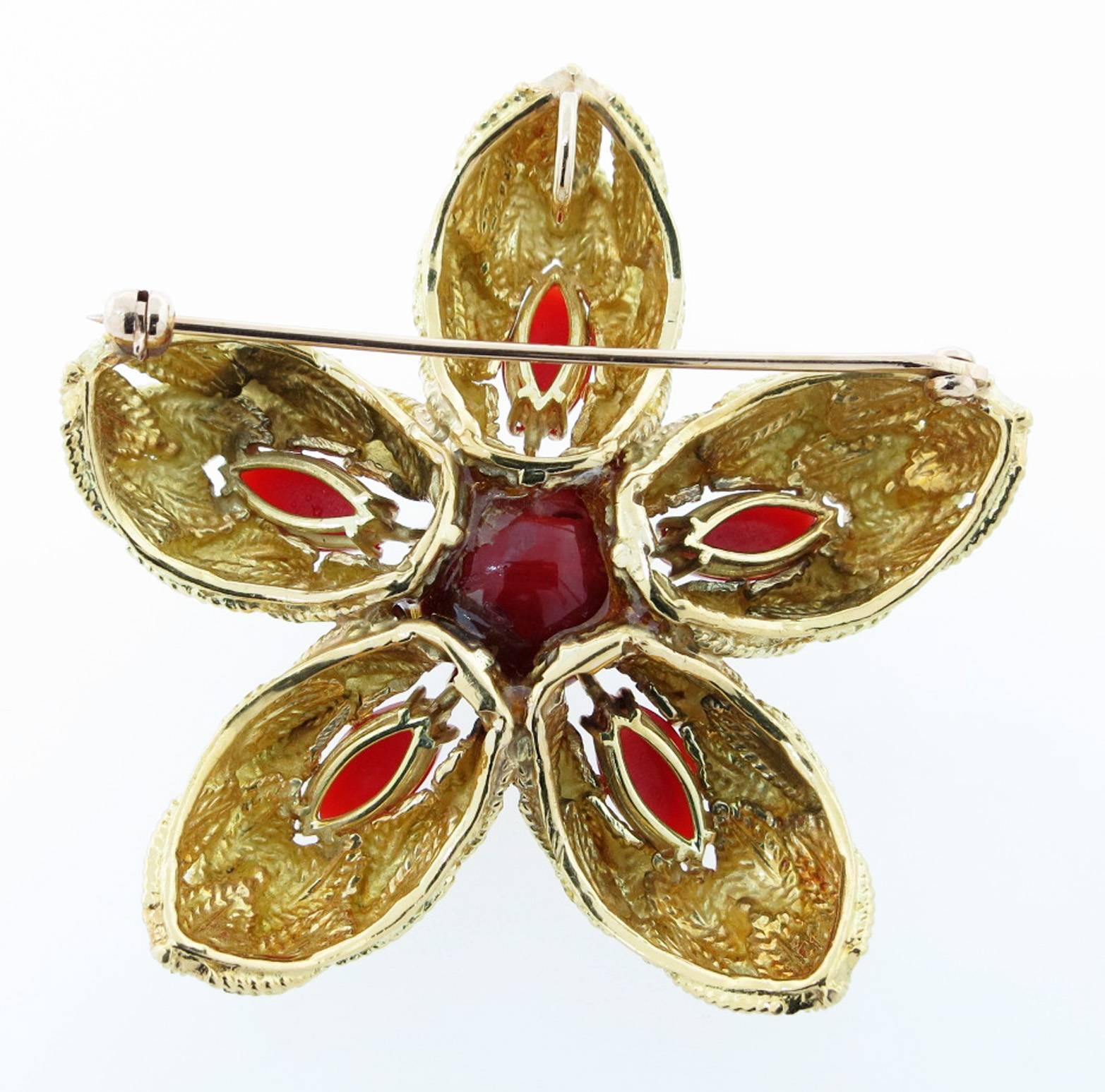 Women's Wonderful Oxblood Coral Diamond Gold Brooch Pendant For Sale