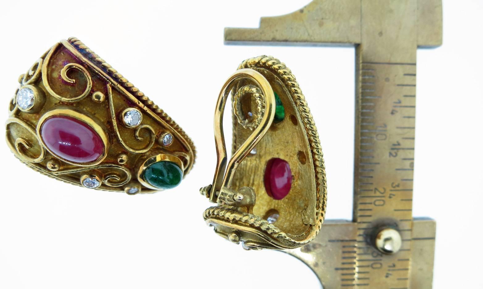 Women's Cabochon Emerald Ruby Diamond Gold Earrings For Sale
