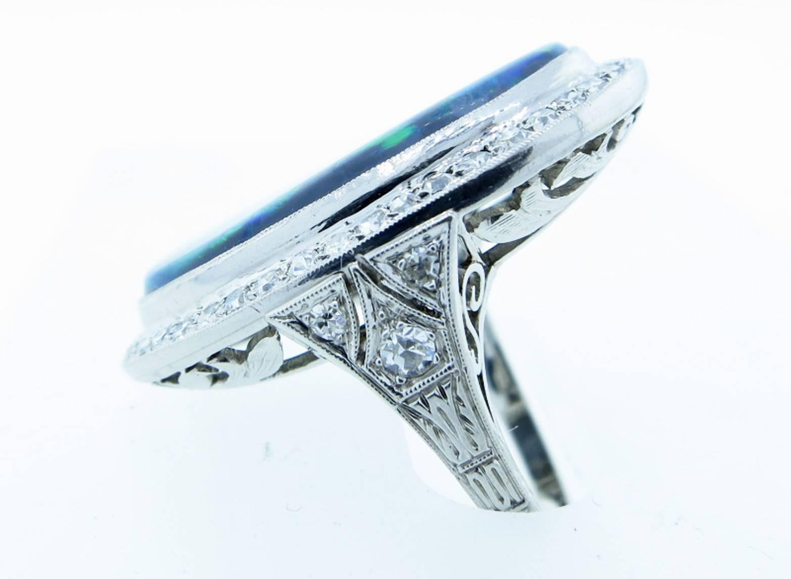 Women's Outstanding Art Deco Black Opal Diamond Platinum Ring For Sale