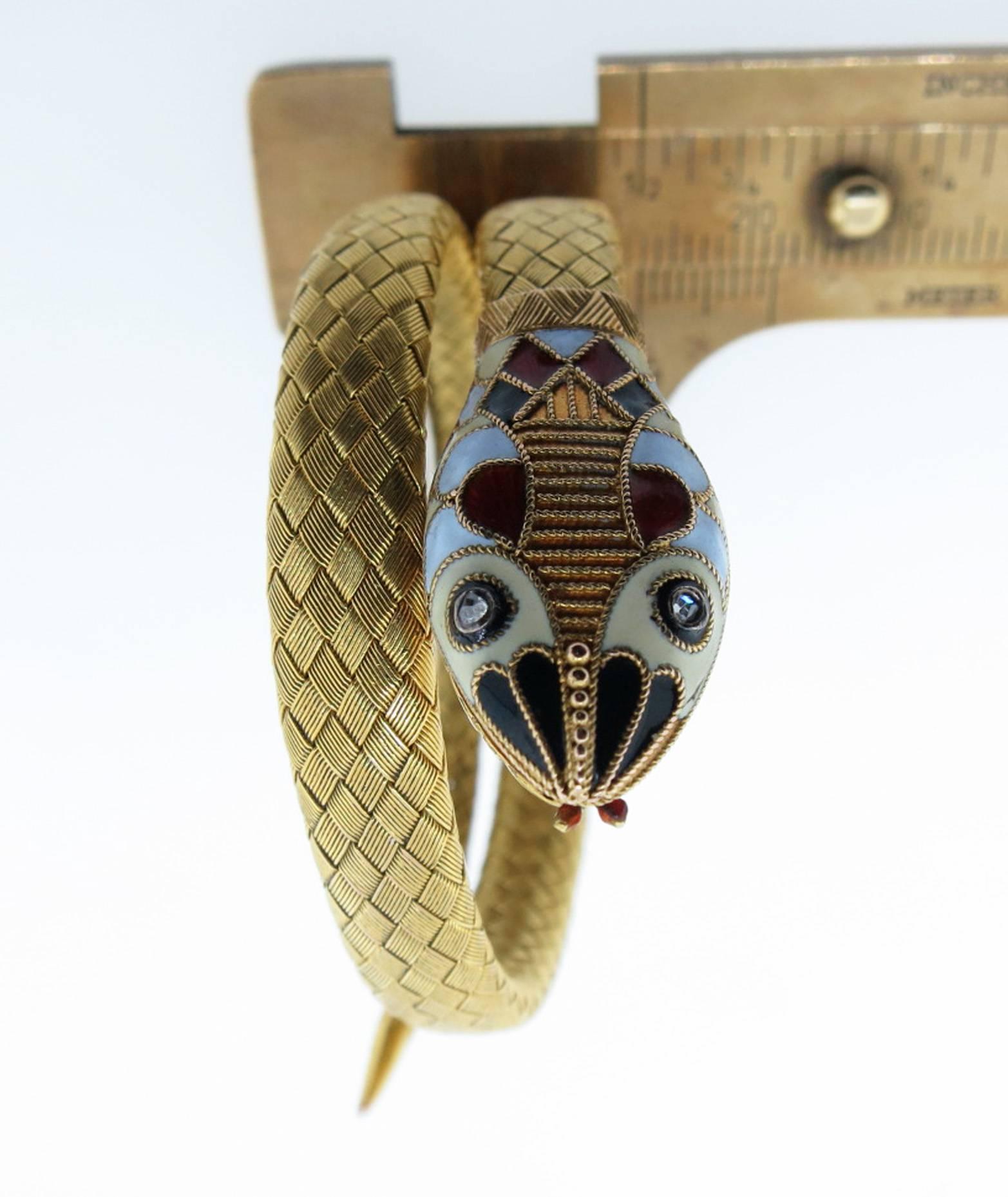 Victorian  Flexible Antique Woven Enamel Diamond Gold Snake Bracelet