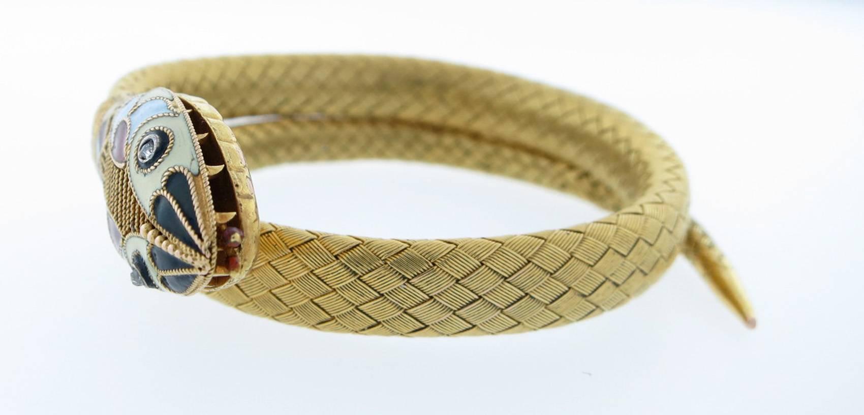  Flexible Antique Woven Enamel Diamond Gold Snake Bracelet In Excellent Condition In Lambertville, NJ