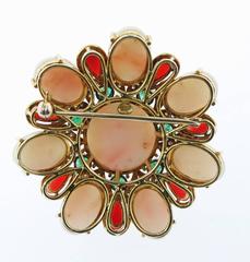 Vibrant Two Color Coral Emerald Diamond Gold Brooch