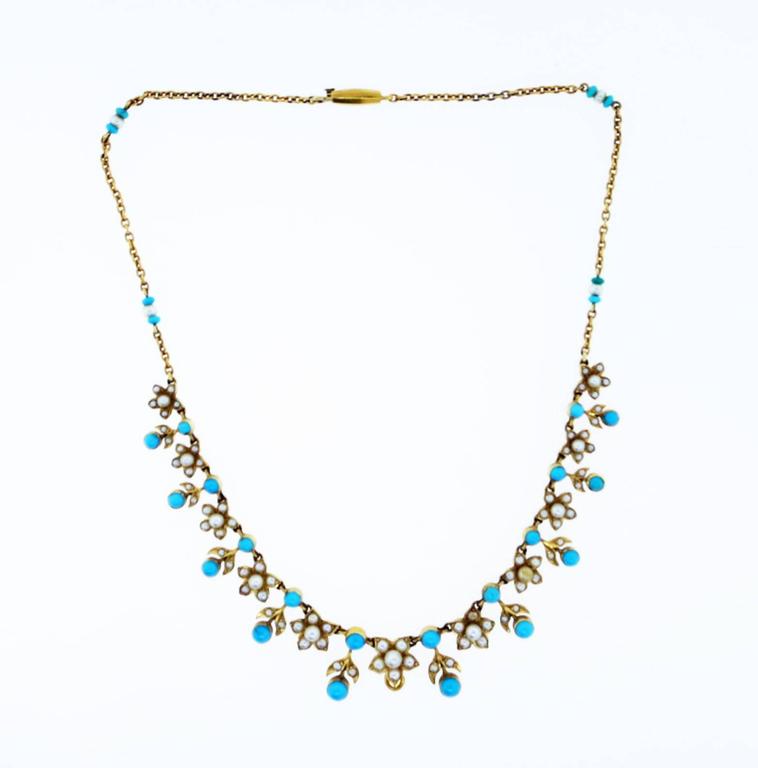 Romantic English Antique Turquoise and Natural Pearl Necklace at 1stDibs