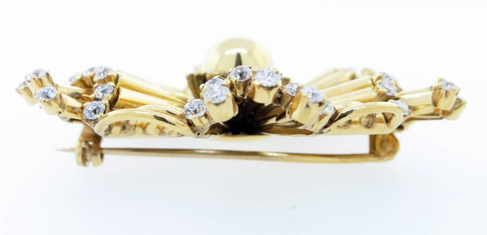 Stellar Retro Diamond Gold Brooch In Excellent Condition For Sale In Lambertville, NJ