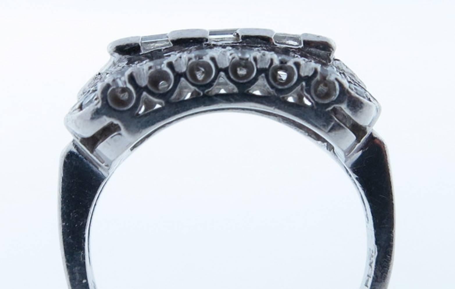 Women's  Exquisite Art Deco Three Stone Emerald Cut Diamond Platinum Ring For Sale