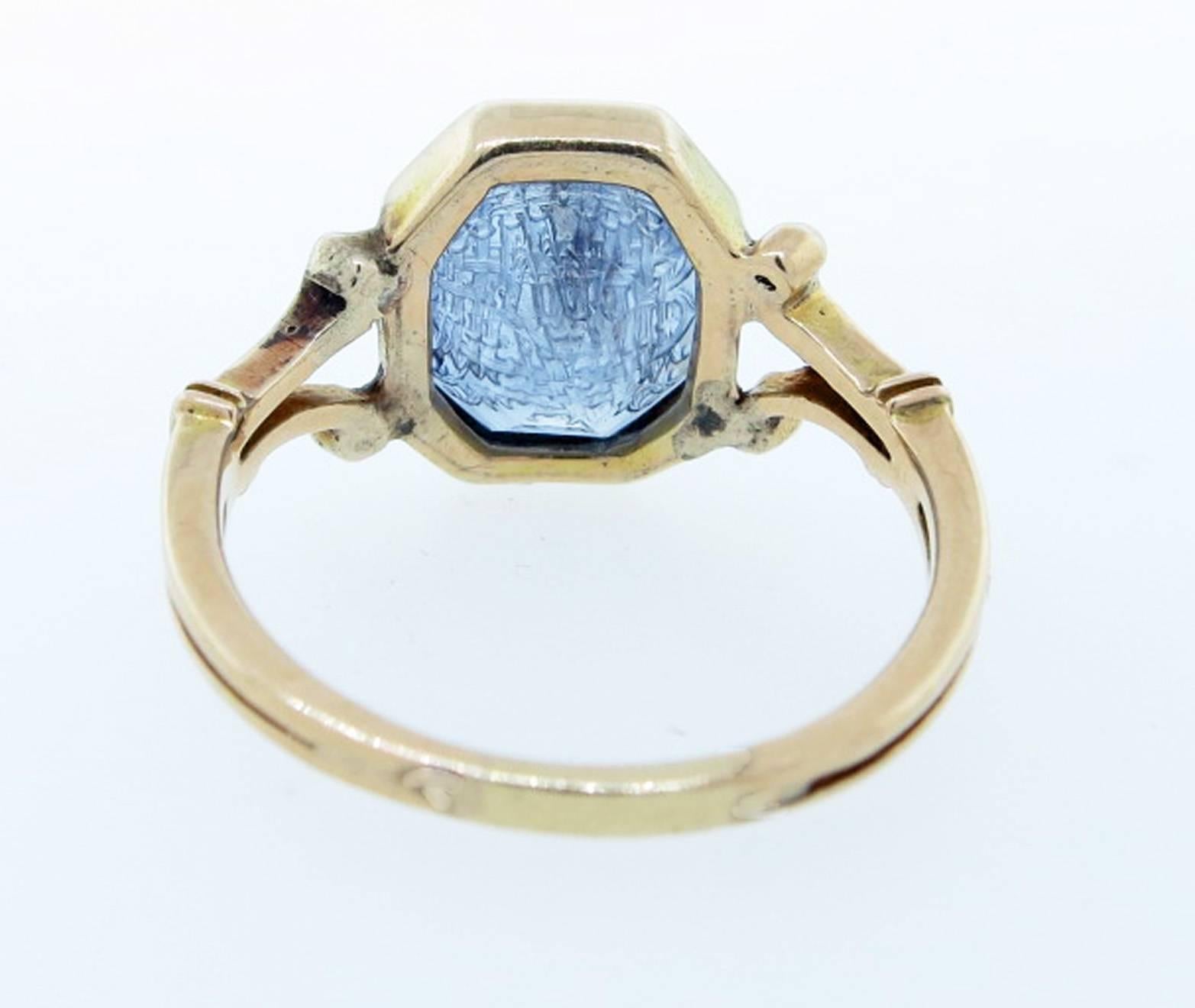 Women's or Men's Antique Natural Carved Sapphire Gold Signet Ring For Sale