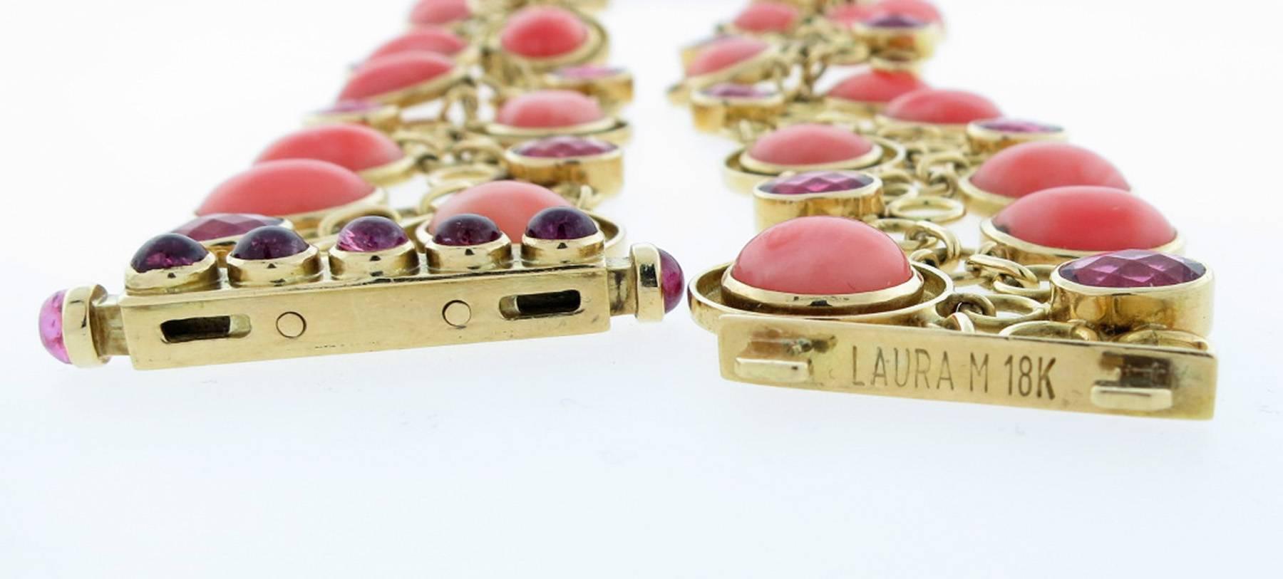 Artist Laura Munder Coral Pink Tourmaline Gold Link Choker Necklace