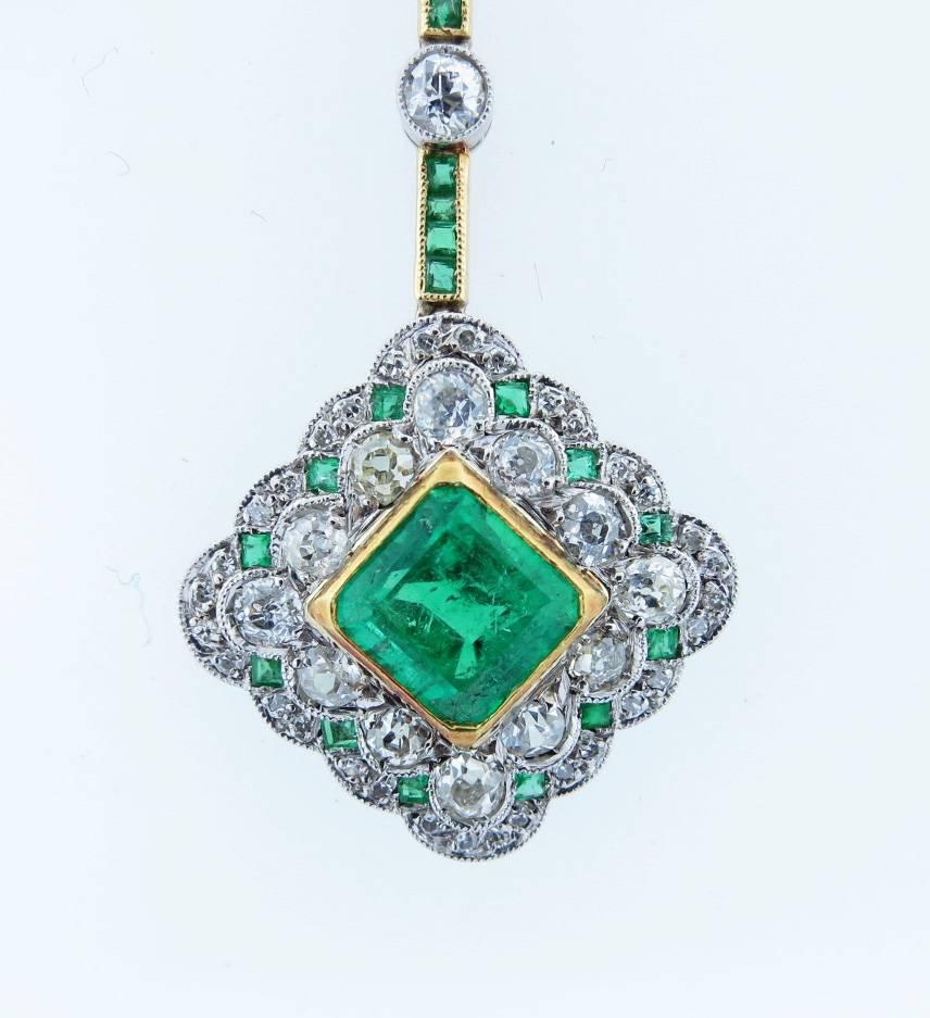 Edwardian Emerald Diamond Gold Platinum Necklace In Excellent Condition In Lambertville, NJ
