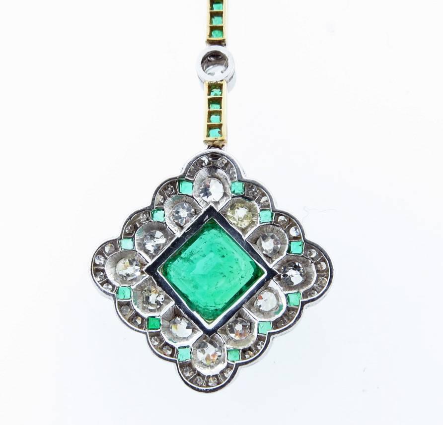 Women's Edwardian Emerald Diamond Gold Platinum Necklace