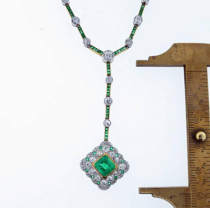 Edwardian Emerald Diamond Gold Platinum Necklace 1