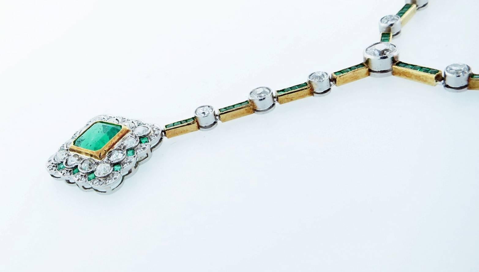 Edwardian Emerald Diamond Gold Platinum Necklace 2