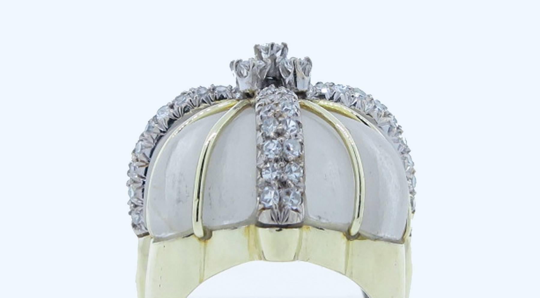 1960s Dramatic Fluted Rock Crystal Diamond Gold Dome Ring 1