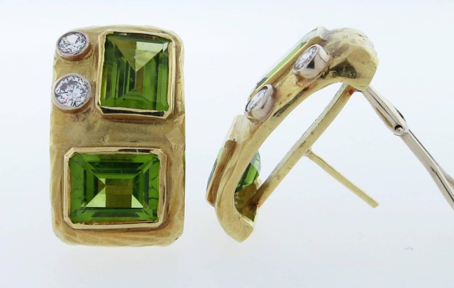 Women's Modernist Design Peridot Diamond Gold Clip and Post Back Earrings For Sale