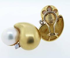 Marlene Stowe Organic Form Mabe Pearl and Diamond Gold Earrings