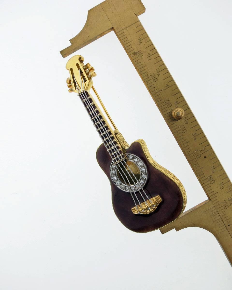 Women's or Men's Melodious Realistic Enamel and Diamond Guitar Brooch