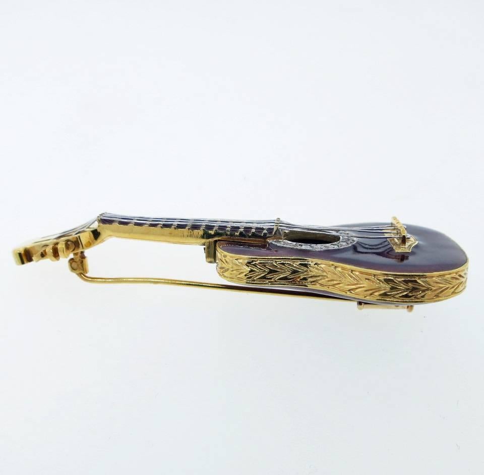 Melodious Realistic Enamel and Diamond Guitar Brooch 1