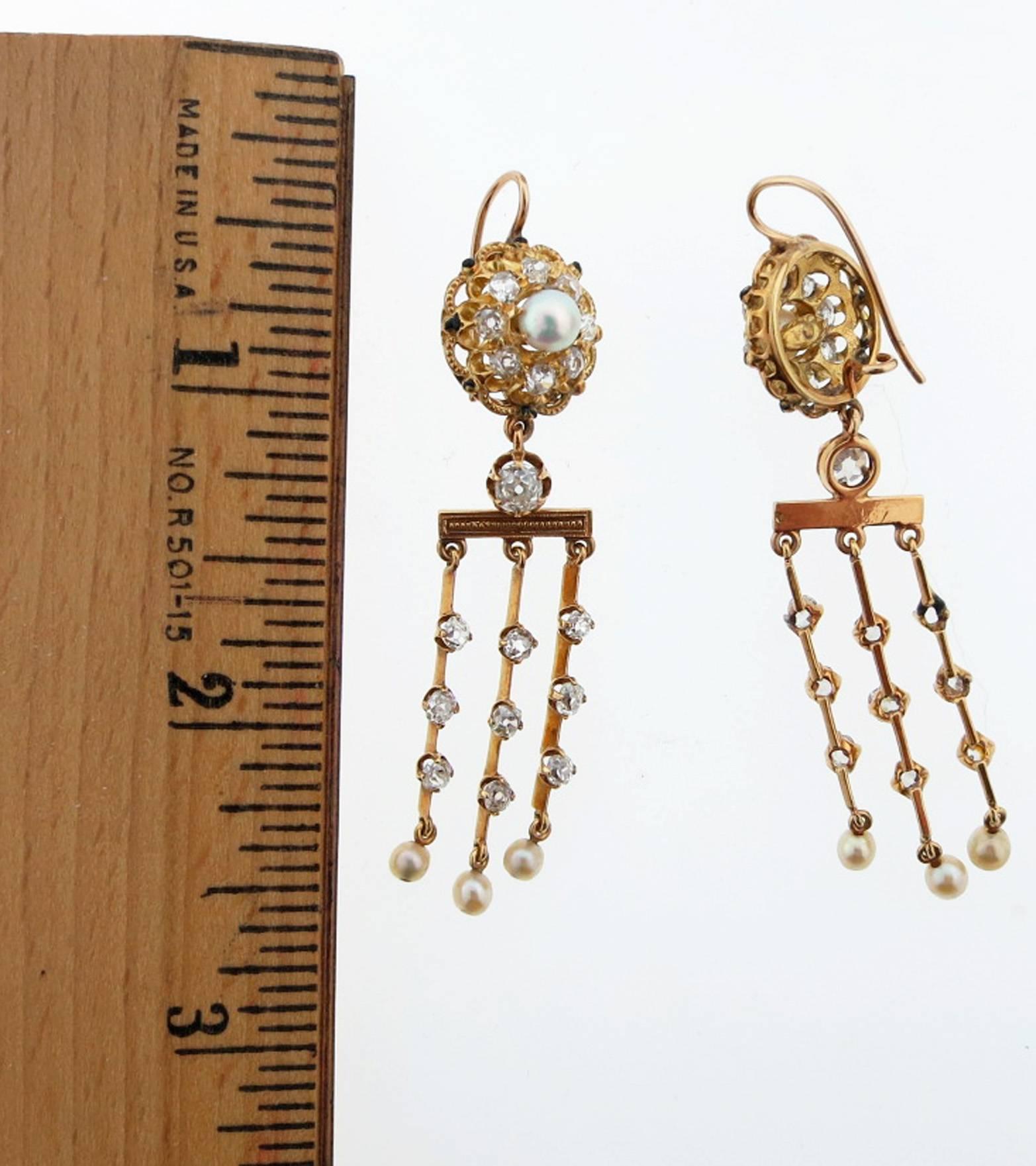 Late Victorian Antique Victorian Diamond and Pearl Chandelier Earrings For Sale
