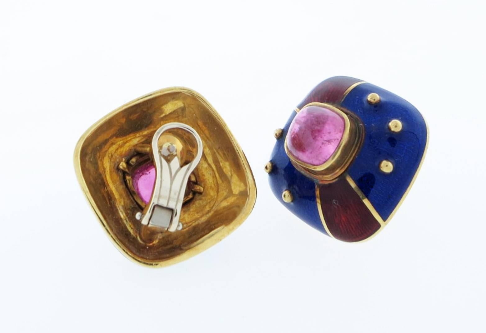 18kt. yellow gold pillow shape earrings made by Mavito. Each clip earring measures approx. .75 inches and is enameled in vibrant blue and red with a cabochon pink tourmaline center. Posts can be added.