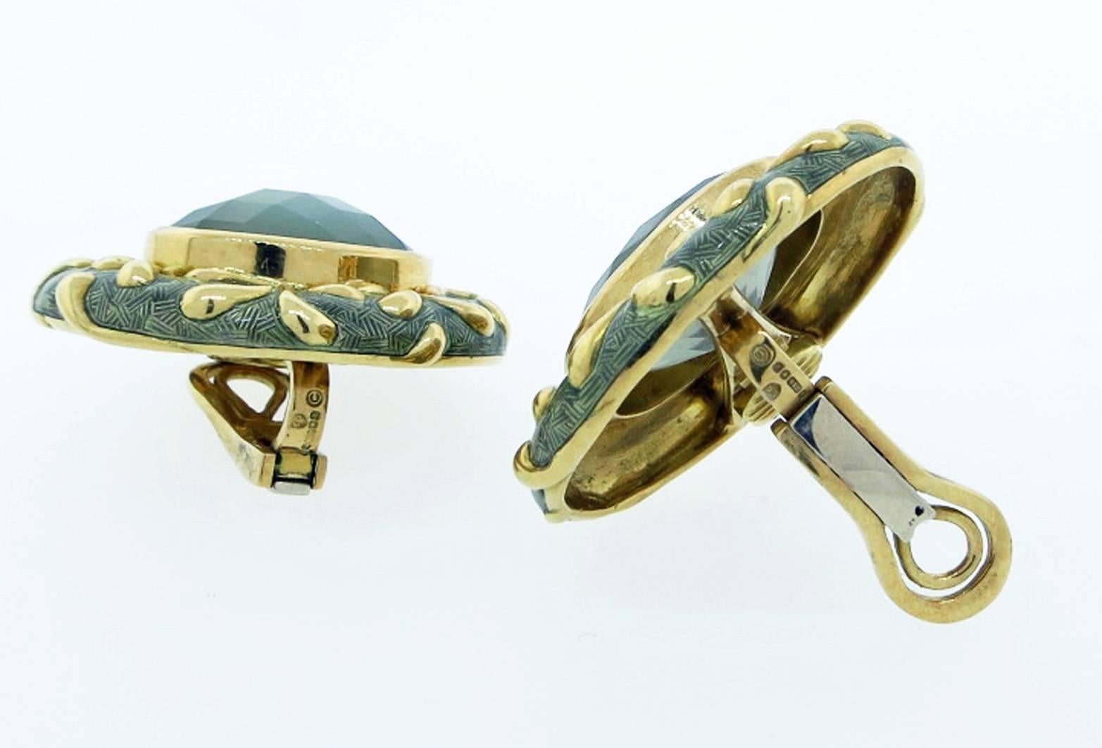Women's Elizabeth Gage Sumptuous Enamel Quartz Diamond Gold Earrings For Sale