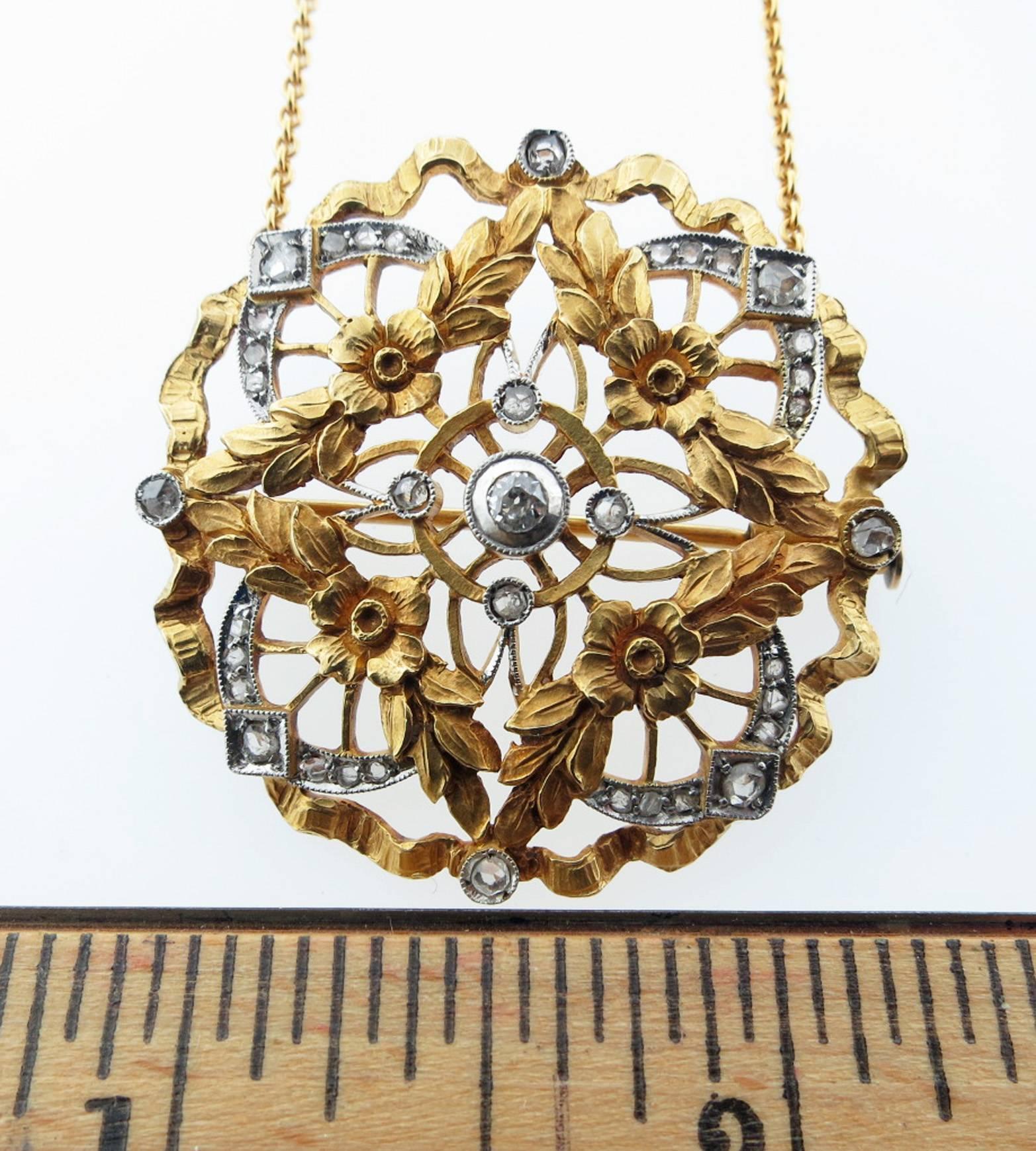 Antique Diamond yellow gold Brooch Pendant In Excellent Condition In Lambertville, NJ