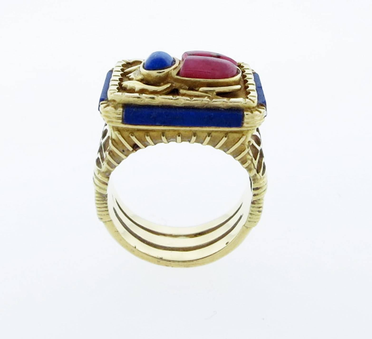 Women's or Men's  Rhodochrosite and Lapis Lazuli Scarab Gold Ring