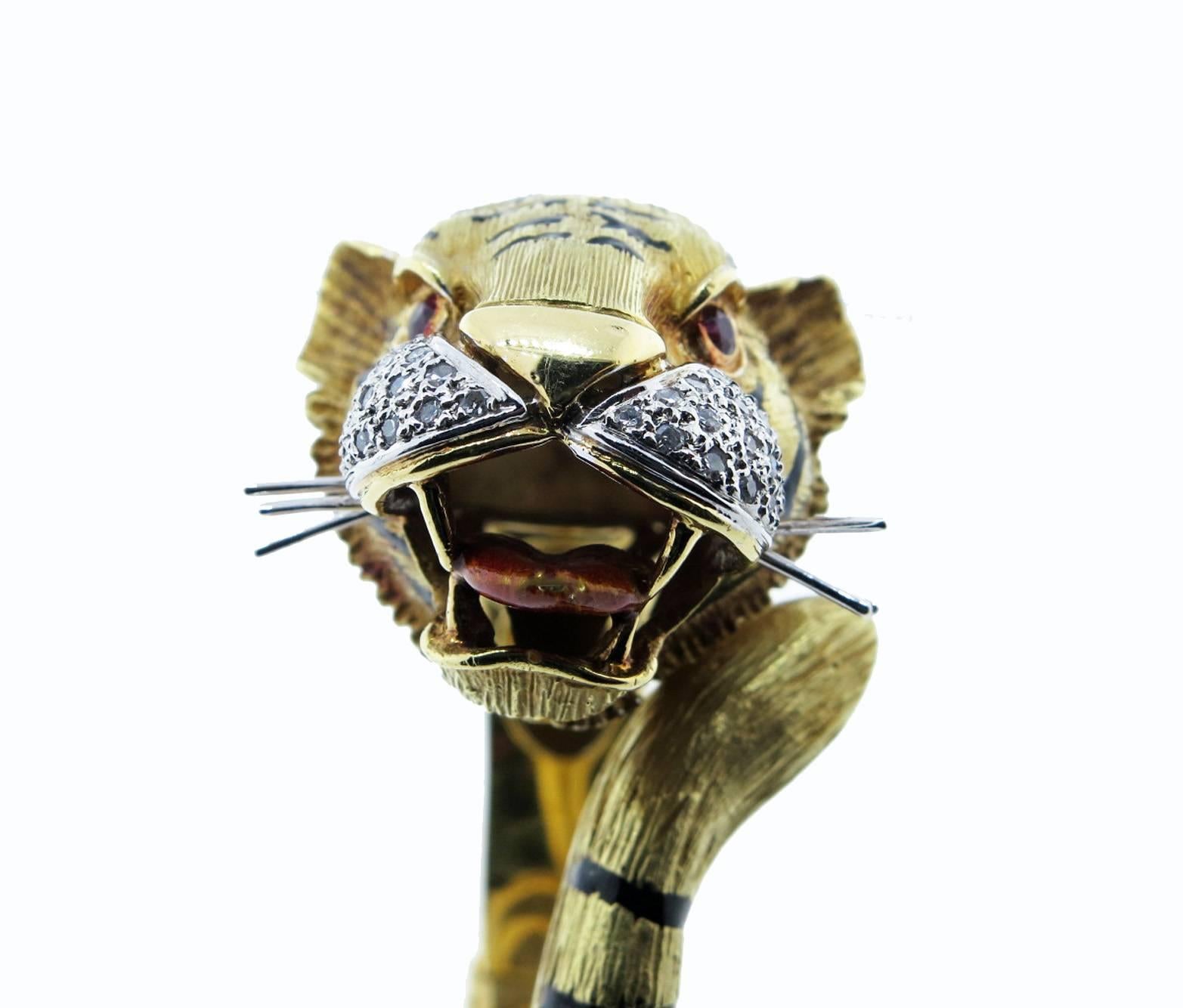 Powerful and Whimsical Tiger Bracelet with Diamonds and Enamel In Excellent Condition For Sale In Lambertville, NJ