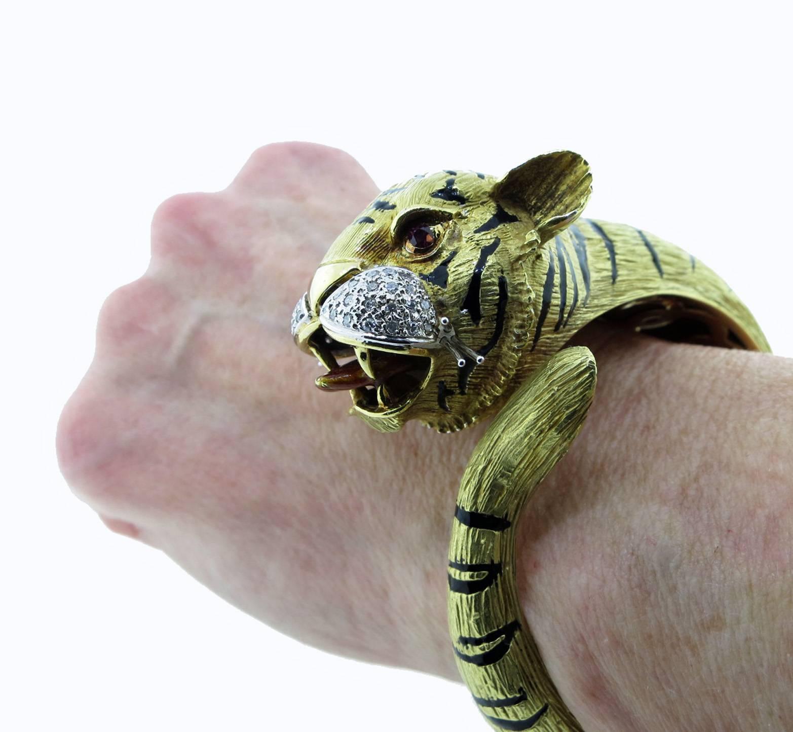 Women's Powerful and Whimsical Tiger Bracelet with Diamonds and Enamel For Sale