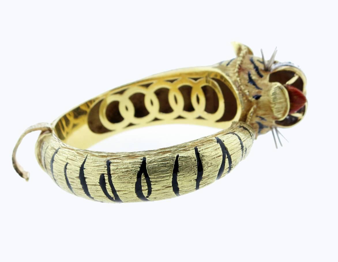 Powerful and Whimsical Tiger Bracelet with Diamonds and Enamel For Sale 2