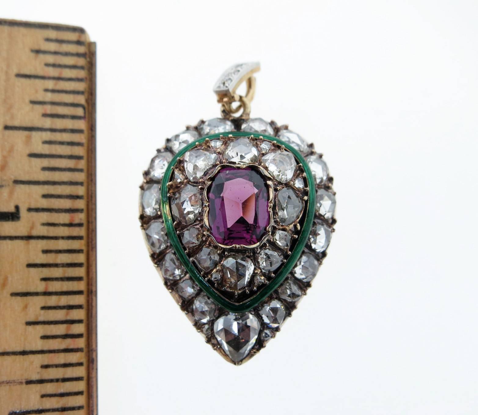 Women's Rare Early French Heart Shape Rose Cut Diamond and Garnet Locket