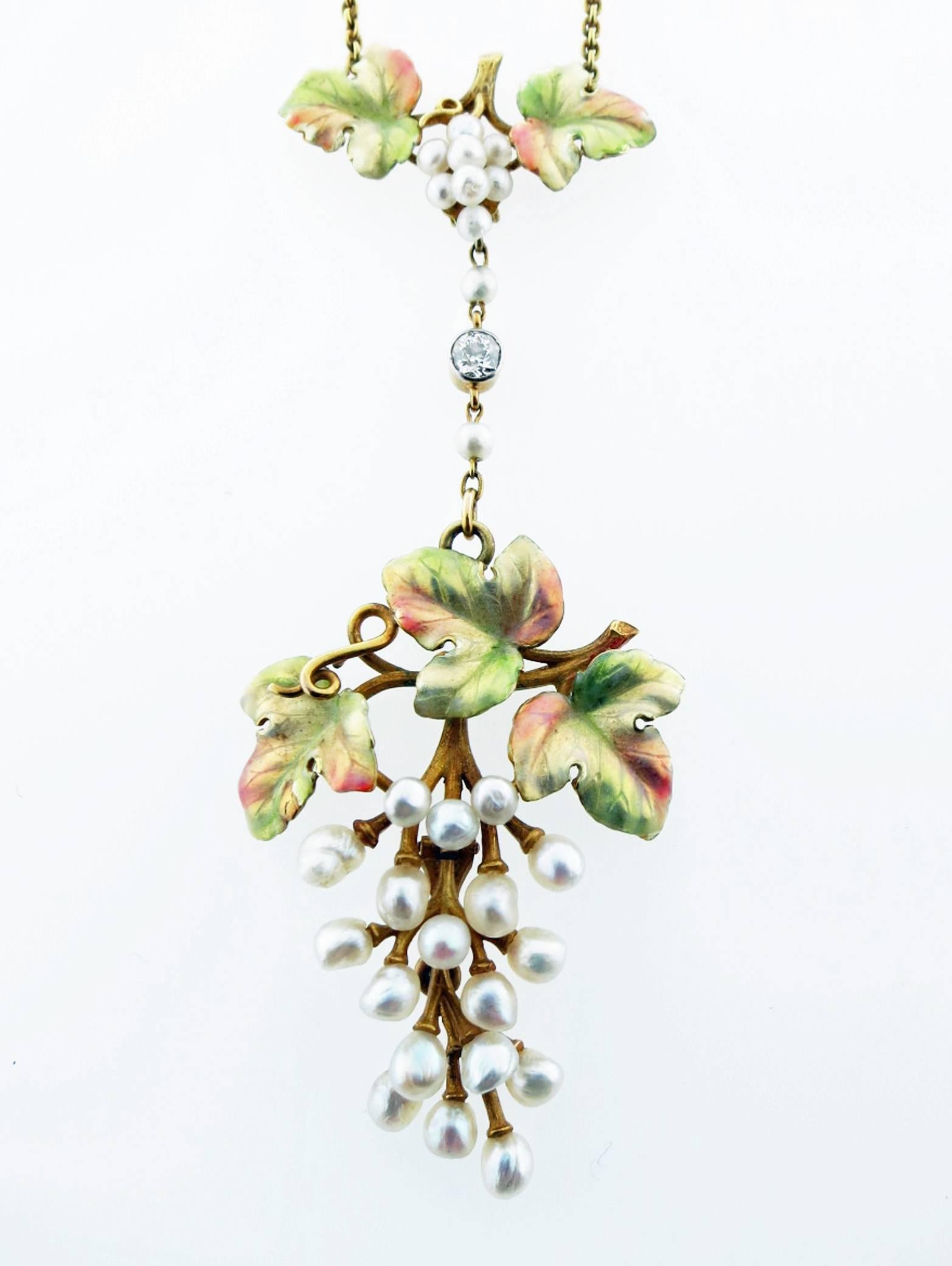 Lovely Art Nouveau Natural Pearl Enamel and Diamond Necklace In Excellent Condition In Lambertville, NJ