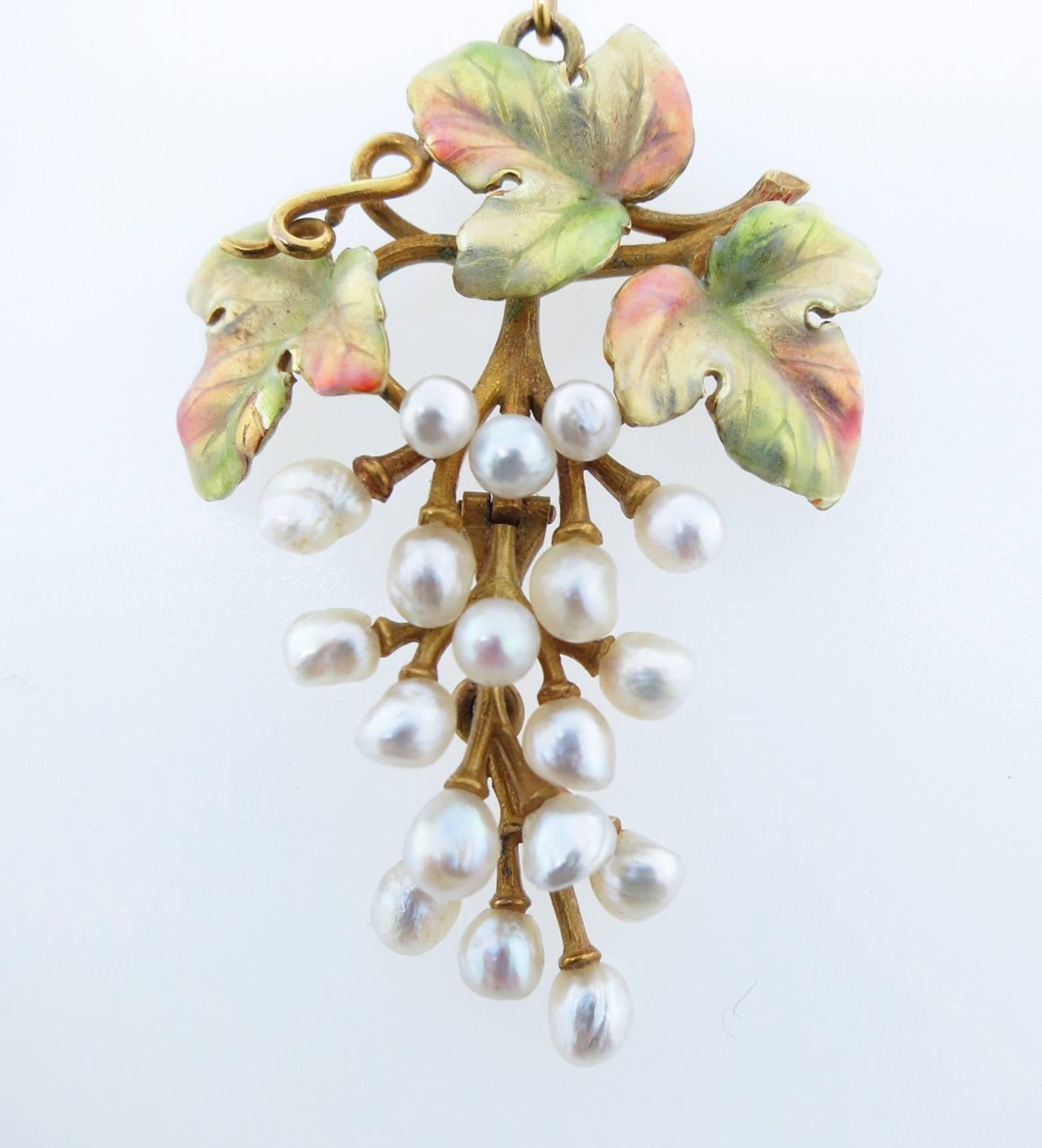 Women's Lovely Art Nouveau Natural Pearl Enamel and Diamond Necklace