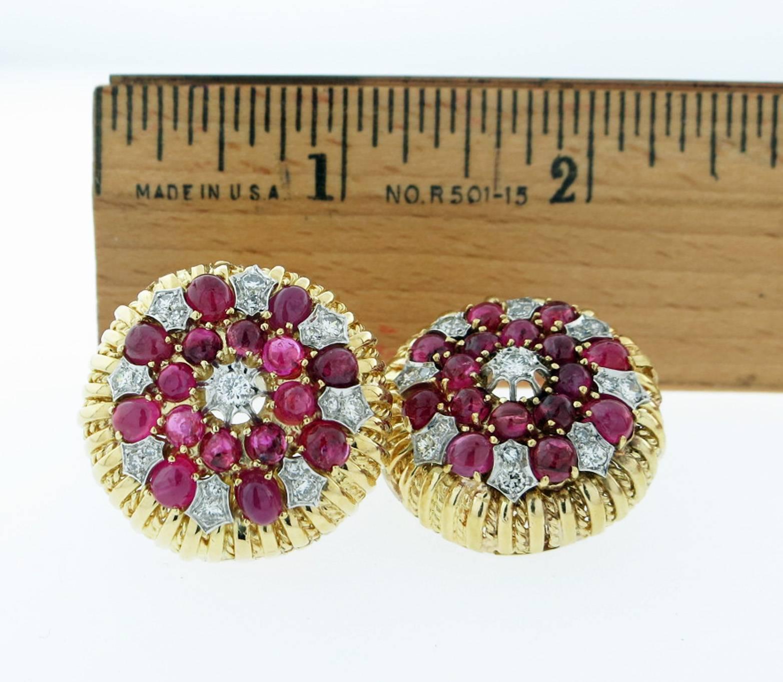 Cabochon Ruby Diamond Two Color Gold Earrings In Excellent Condition For Sale In Lambertville, NJ