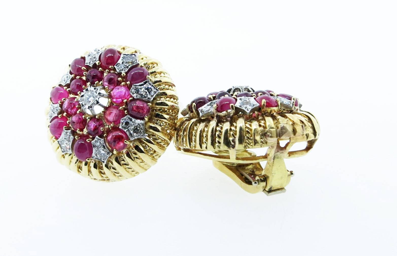 Women's Cabochon Ruby Diamond Two Color Gold Earrings For Sale