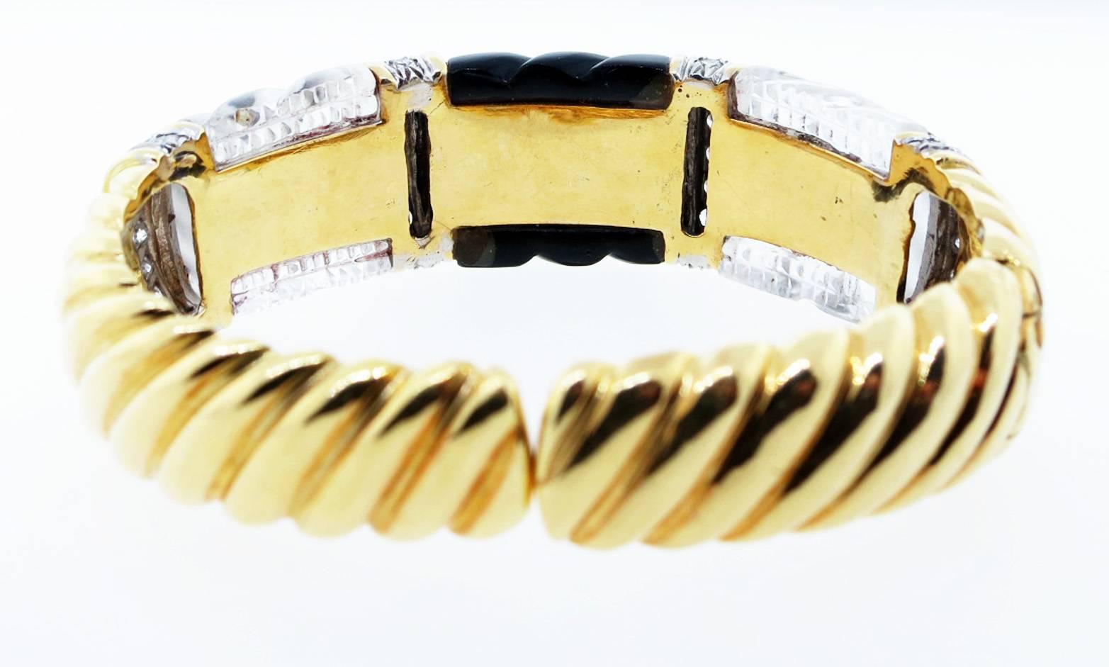 Carved Fluted Onyx Rock Crystal and Diamond Cuff Bracelet In Good Condition For Sale In Lambertville, NJ