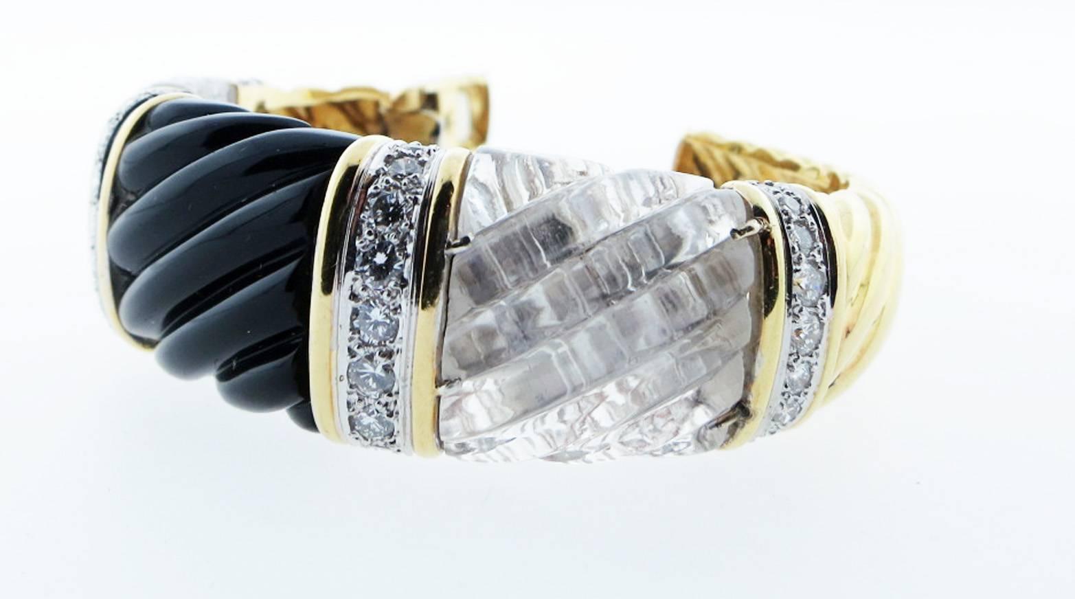 Women's Carved Fluted Onyx Rock Crystal and Diamond Cuff Bracelet For Sale