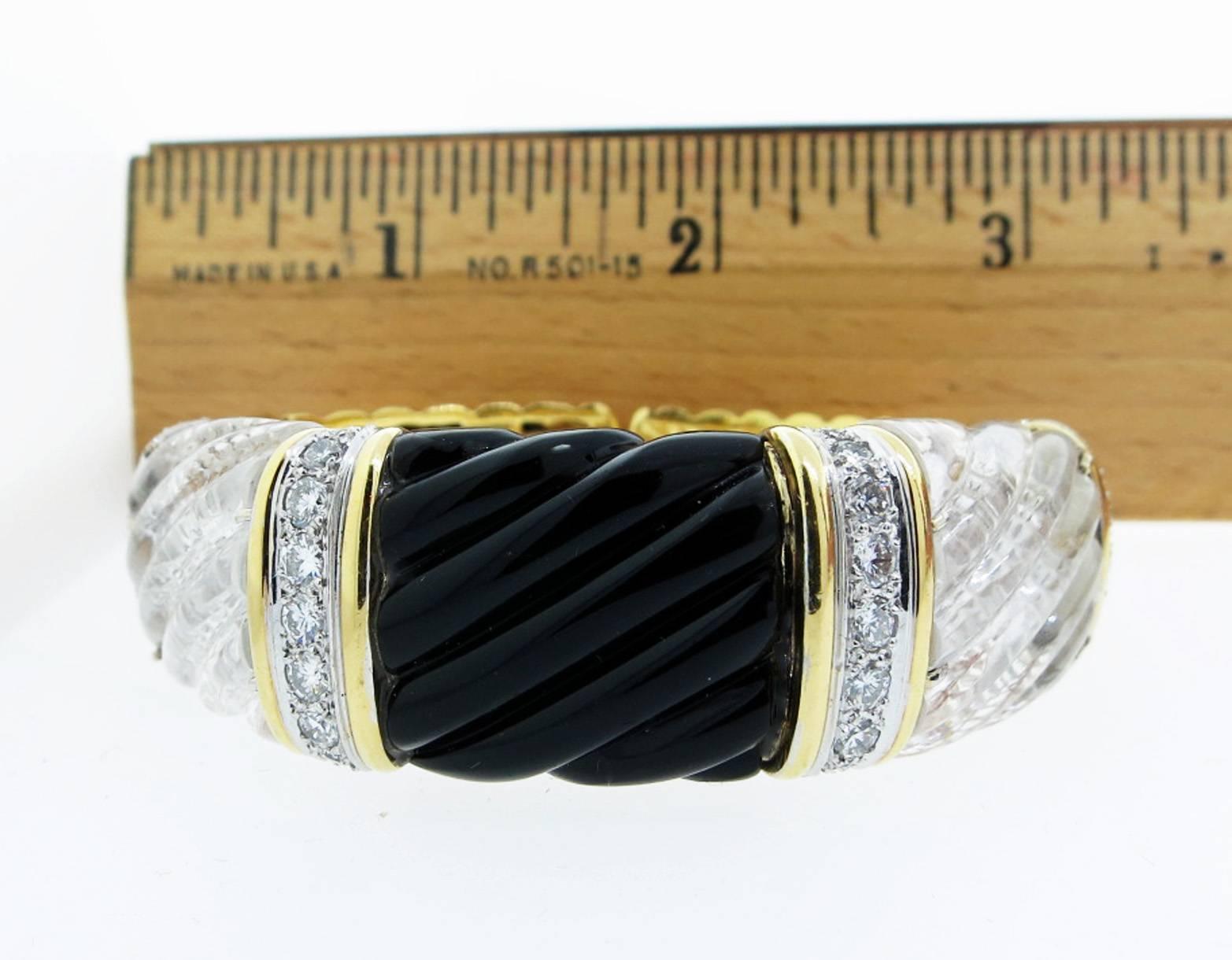 Carved Fluted Onyx Rock Crystal and Diamond Cuff Bracelet For Sale 1