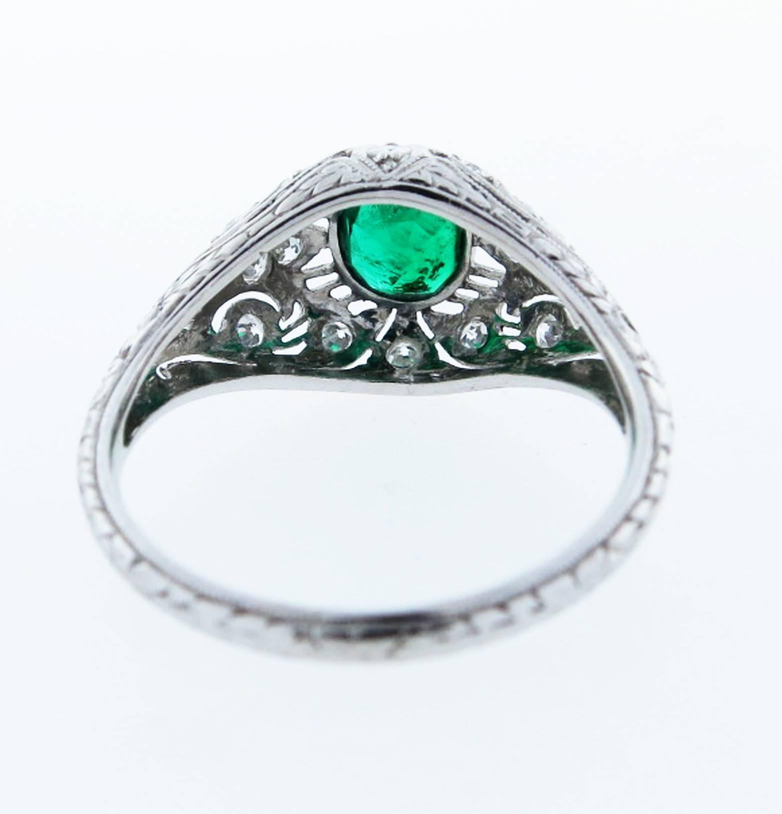 Art Deco Emerald Diamond Platinum Open Work Ring In Excellent Condition In Lambertville, NJ