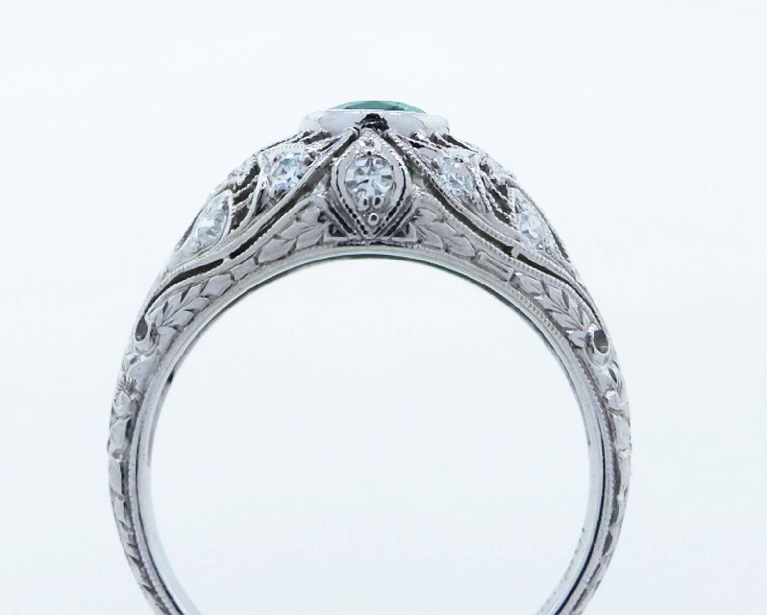 Women's Art Deco Emerald Diamond Platinum Open Work Ring