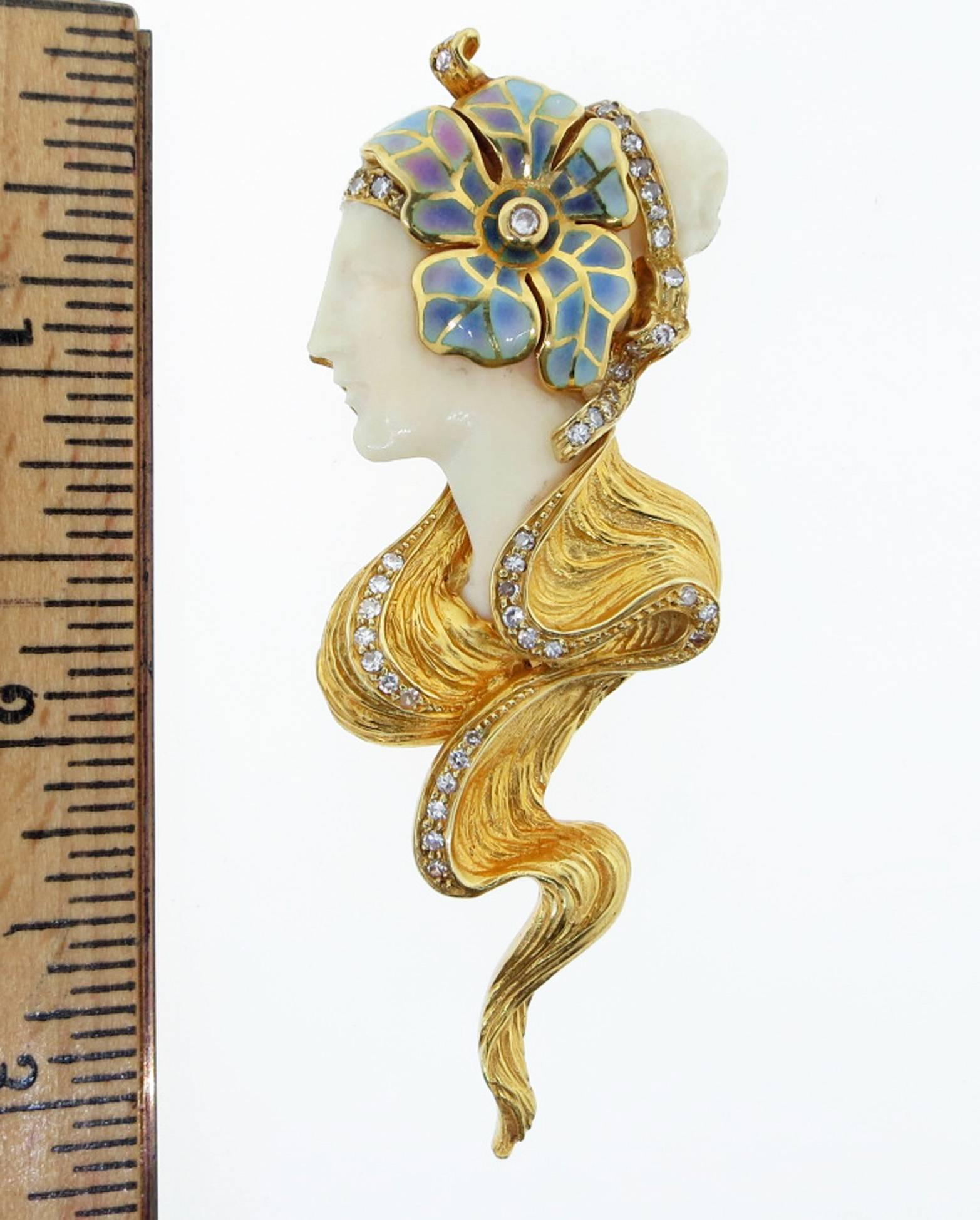 Art Nouveau Masriera Spain Enamel Diamond Gold Brooch Pendant